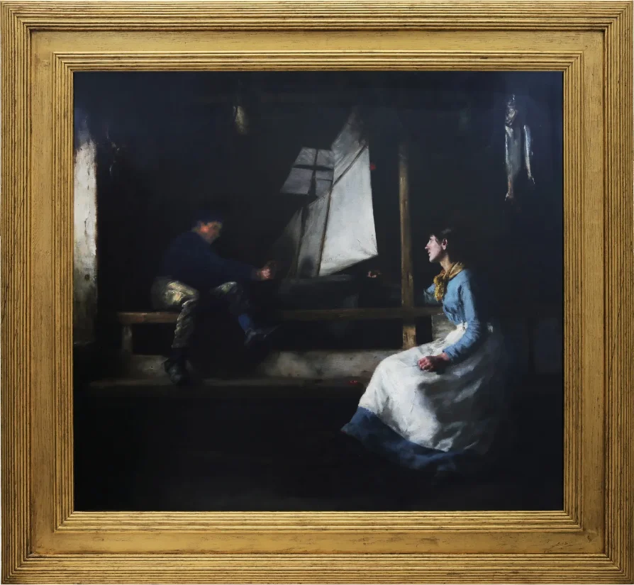 A figurative painting of two figures in a dark interior
